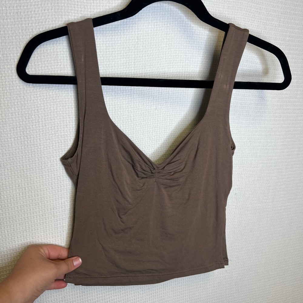 TiulZial Brown Ruched V-Neck Cropped Tank Top Sleeveless Modal Stretch XS
